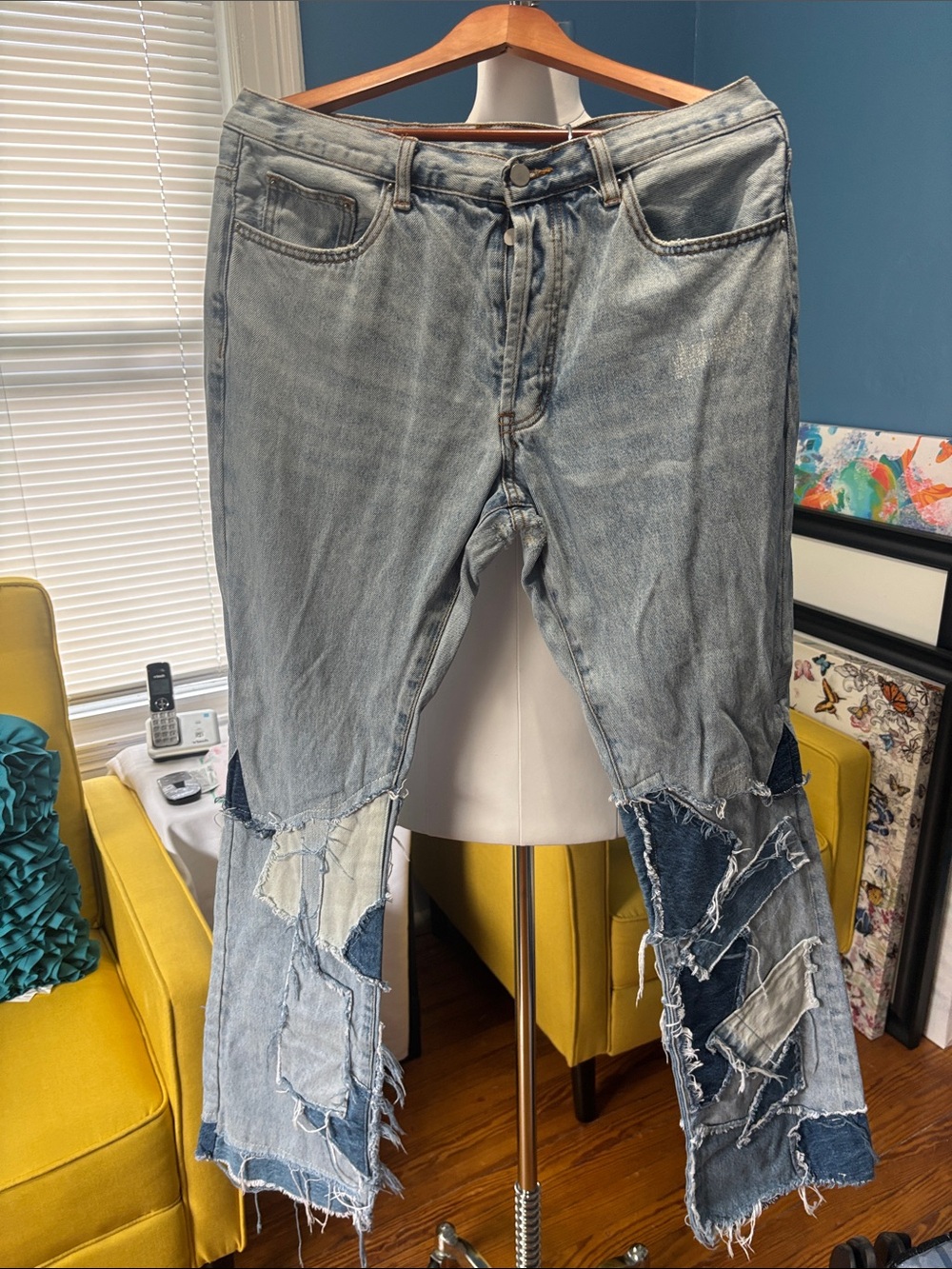 Light Blue Patchwork Bootcut Men's Jeans